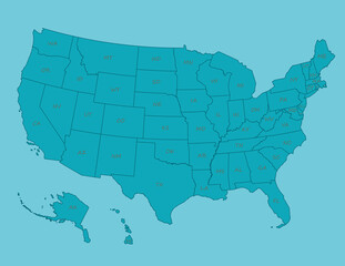 Dark Cyan United States Of America Map With Labels On Light Greenish-Blue Background