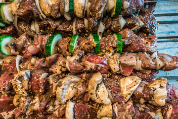 shishkabob prepared on skewers for grilling on open fire