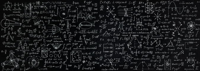 Wide blackboard inscribed with scientific formulas and calculations in physics, mathematics and...