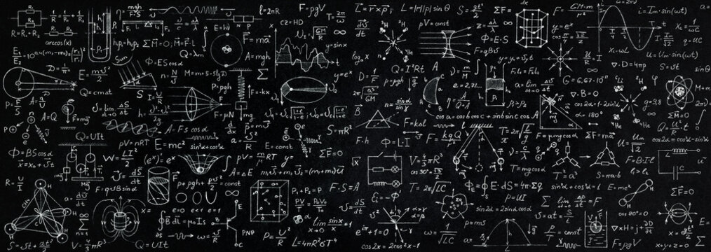 Wide blackboard inscribed with scientific formulas and calculations in physics, mathematics and electrical circuits. Science and education background.