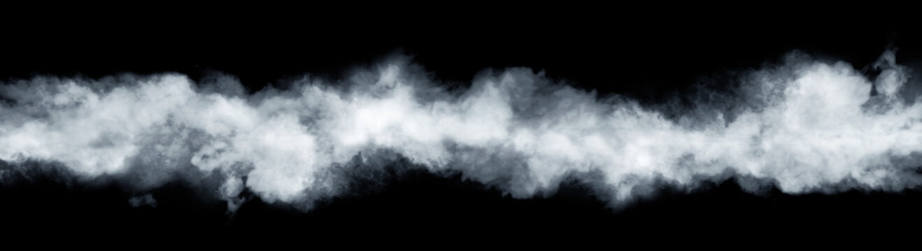 Panoramic view of the abstract fog or smoke move isolated on  black background. White cloudiness, mist, smoke or smog background.