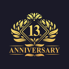 13 years Anniversary Logo, Luxury floral golden 13th anniversary logo.