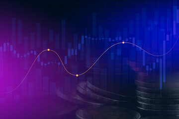 Double exposure of graph and rows of coins for finance and business concept.