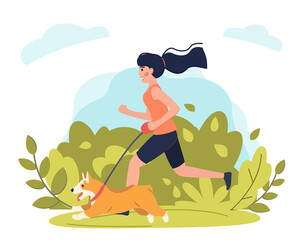 Young girl running with dog in park flat illustration. Stock vector. Sport and activity with dogs, healthy lifestyle.