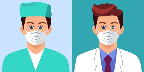 Fototapeta premium Concept of coronavirus. man as doctor. Female characters in medical uniform and face masks. Vector illustration.