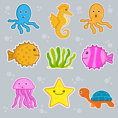 marine biota stickers vector illustration, can be used for sticker, background, wallpaper, background, decoration