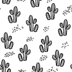 Fototapeta premium Seamless pattern with cactus. Vector illustration. Hand-drawn cacti. Monochrome background. Design for textile, print, wallpaper.