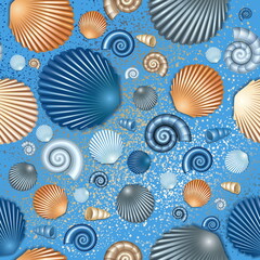 Seamless pattern in blue colors with seashells on the sea floor. Vector background.