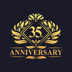35 years Anniversary Logo, Luxury floral golden 35th anniversary logo.