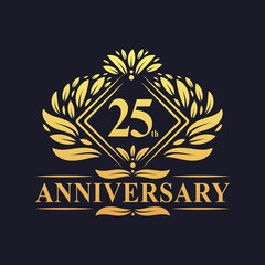 25 years Anniversary Logo, Luxury floral golden 25th anniversary logo.