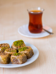 Turkish sweet baklava on plate.