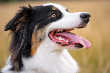 Portrait of Australian Shepherd dog in autumn meadow. Happy adorable Aussie dog sitting in grass field. Beautiful adult purebred Dog outdoors in nature.