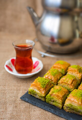 Turkish sweet baklava on plate.