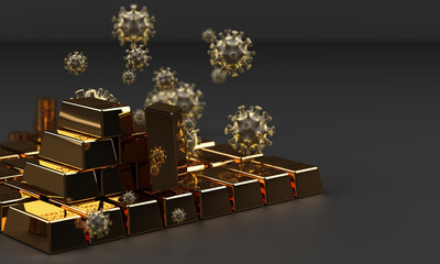 Gold bar and coin with corona virus COVID-19 3d rendering