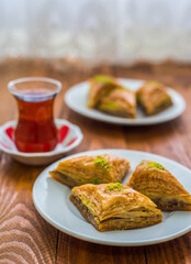 Turkish sweet baklava on plate.