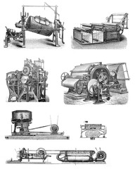 Collection of vintage machines for the Laundry / Antique engraved illustration from Brockhaus Konversations-Lexikon 1908