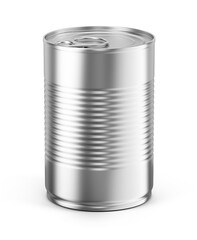 Blank metal tin can on white background. Mockup template for your design. 3d rendering