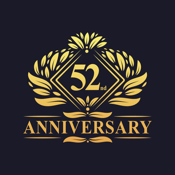52 years Anniversary Logo, Luxury floral golden 52nd anniversary logo.