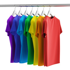 Obraz premium Row of many colorful rainbow new fabric cotton t-shirts on hangers isolated on white background. 3d rendering