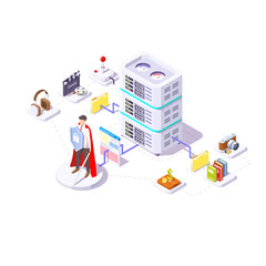 Safe database. A young guy with a shield in his hands. isometric illustration