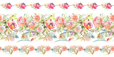 seamless pattern with blossom pink flowers. watercolor roses illustration