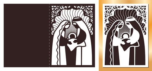 Laser cutting template. Nativity scene with Holy Family. Merry Christmas card with Mary and Joseph holding baby. Holy night die cut hold card. Vector illustration. 