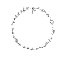 Hand drawn vector round floral frame. wreath of flowers with leaves.Decorative elements for design. vintage and rustic styles.