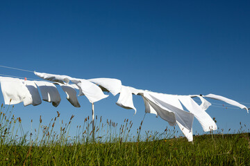 clean white clothes hanging on a rope moved by the wind in green meadow