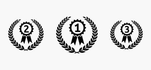 Set of vector icons with laurel wreaths and medals in black on a gray background.