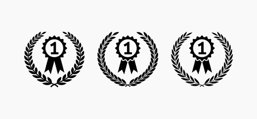Set of vector icon of laurel wreaths with medals for the first place in black on a white background.