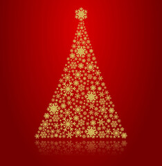 Christmas tree made of golden snowflakes on red background.
