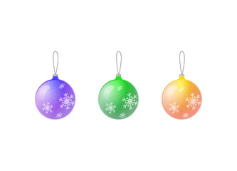 Set of Christmas glass balls of different colors with snowflakes on a white background.