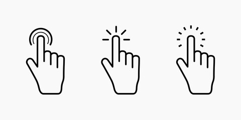 Obraz premium Pointer cursor computer mouse icon. Clicking cursor, pointing hand clicks icons. Click hand cursor - eps vector.