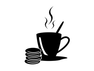 Vector icon cup on a plate with hot tea or coffee and cookies on a white background.