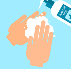 Hand disinfection with alcohol foam sprayed from the bottle.