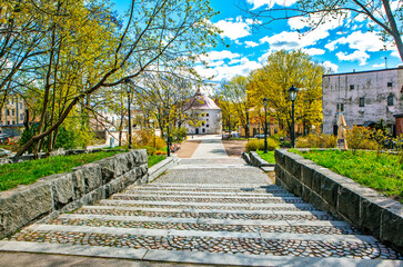 Krasnoflotskaya street. View from House 3 to the Market Square and the Round Tower. Vyborg. Leningrad region. Russia