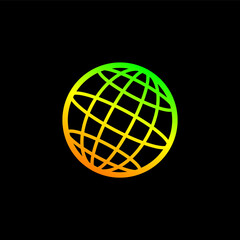 Globe icon with yellow, orange, green color lines on black background.