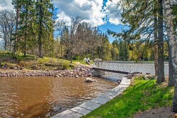 Fototapeta premium Column Island, Pampushinka and the Chinese bridge. Monrepos Park. Vyborg. Leningrad region. Russia