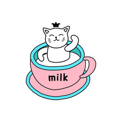 Hand drawn stock vector illustration, in doodle style. The cat is bathed in milk in a blue and pink cup.