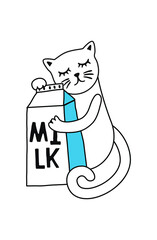 Hand drawn stock vector illustration, in doodle style. The cat loves and hugs a bag of milk.