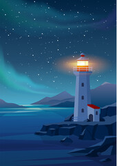 Lighthouse in night sea. Night landscape. Lighthouse by the sea with mountains, aurora and starry night sky. Vector illustration