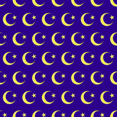 Image of Crescent and star in yellow, seamless pattern background