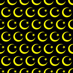 Image of a Golden Crescent and star on a black background, seamless pattern