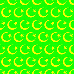 Image of a Crescent and a star in gold on a green background, seamless pattern