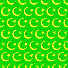 Image of a Golden Crescent and star on a green background with shadow, seamless pattern