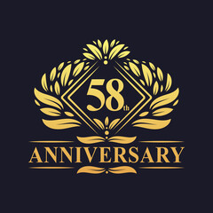 58 years Anniversary Logo, Luxury floral golden 58th anniversary logo.