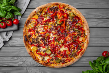 Tasty hot italian pizza with vegetables, tuna, or ground beef. Pizzeria menu. Concept poster for Restaurants or pizzerias. Top view