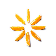 Top down view of  slices of oranges arranged as a sun on white background.