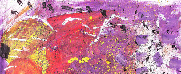 Pink, purple and yellow graffiti paint splashes and drops on a horizontal canvas, close-up, draw. Banner for background art blog, social networks, internet forum group