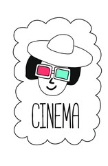 Hand drawn stock vector illustration, in doodle style. The girl in the auditorium with glasses for 3D and the inscription cinema.